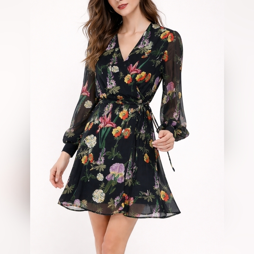 ZARA Black With Colorful Florals True Wrap Dress, Lightweight, Size Medium - Picture 1 of 16